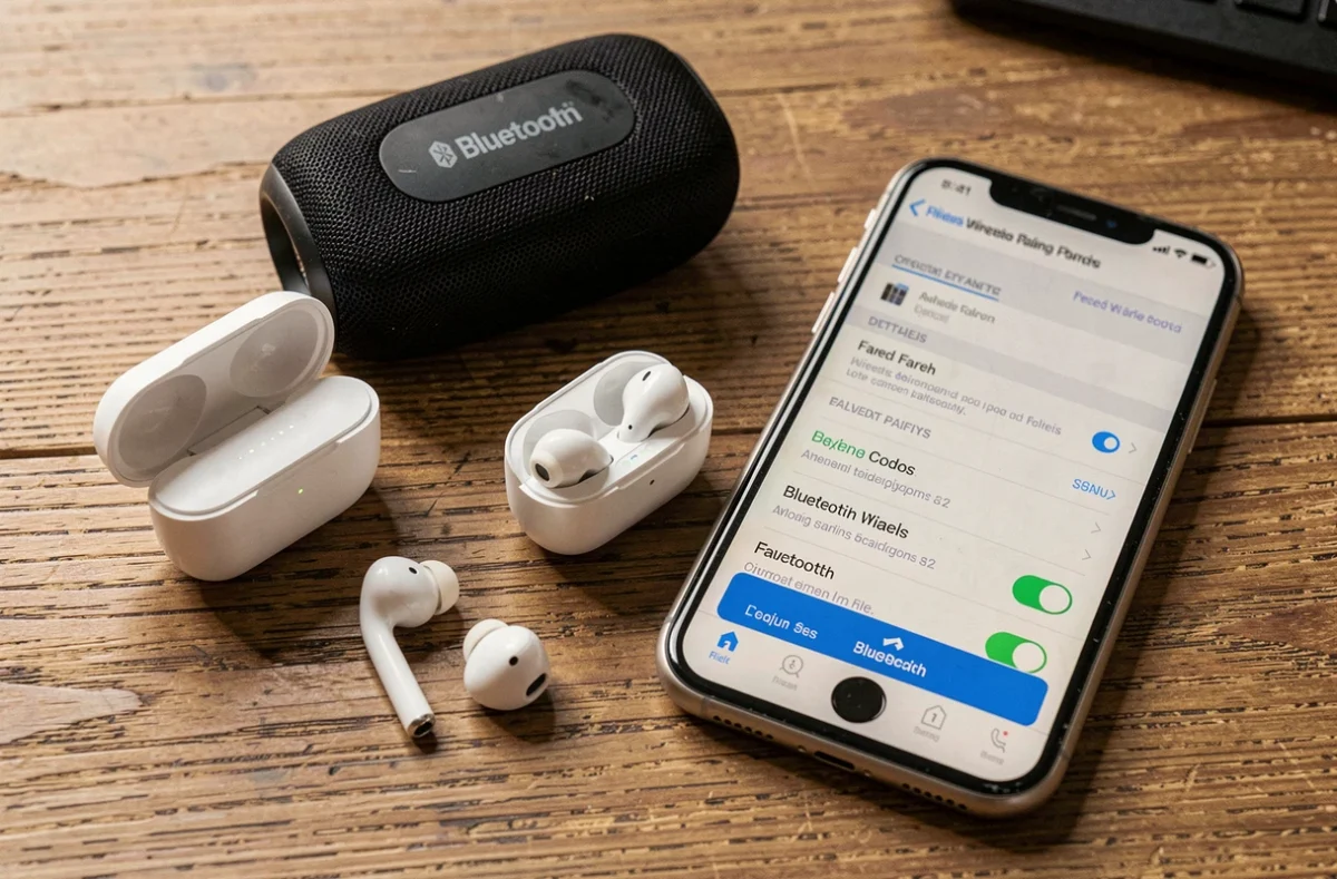 Vue de dessus d'accessoires Bluetooth avec écran de couplage échoué et icône de batterie faible sur bureau en bois