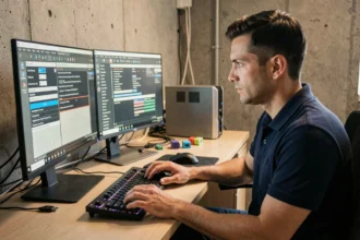 Technicien informatique configurant les paramètres de virtualisation dans le BIOS sur un poste de travail professionnel