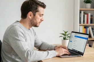 Homme consultant les paramètres de sécurité TLS sur Google Chrome depuis un bureau à domicile