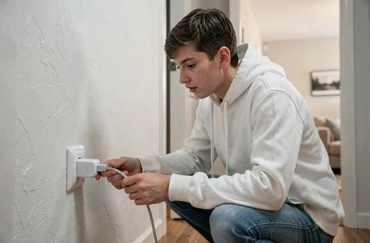 Adolescent installant un adaptateur CPL dans un couloir pour étendre le réseau Wi-Fi à domicile