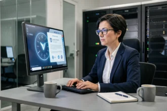Administratrice système analysant un certificat numérique d'autorité de certification sur un écran dans un bureau de cybersécurité