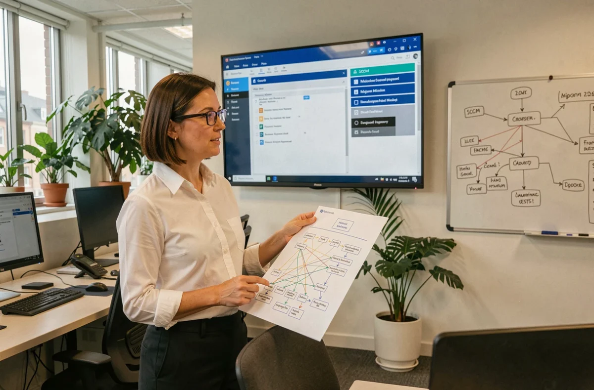 Administratrice systèmes présentant un plan de migration SCCM 2026 avec évaluation des Branch Distribution Points dans un bureau d'entreprise