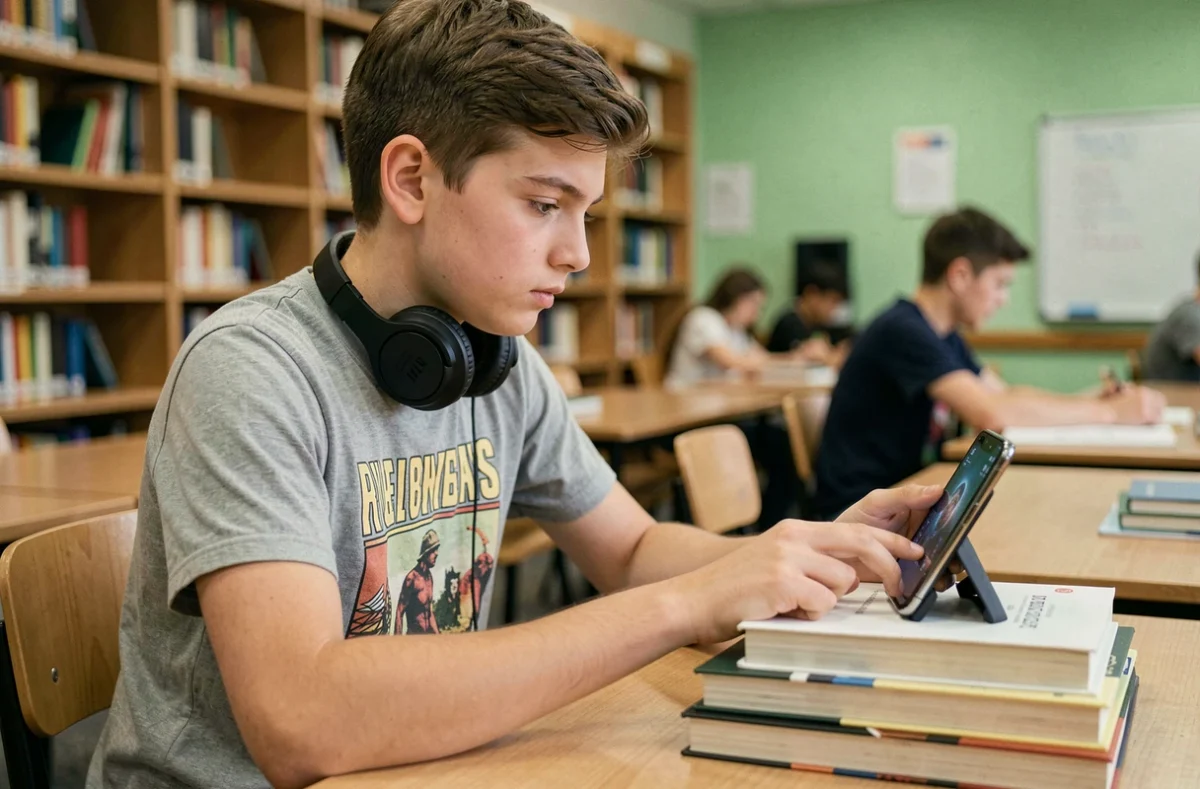 Adolescent jouant à un jeu mobile sur smartphone dans une bibliothèque scolaire avec des livres en arrière-plan flou