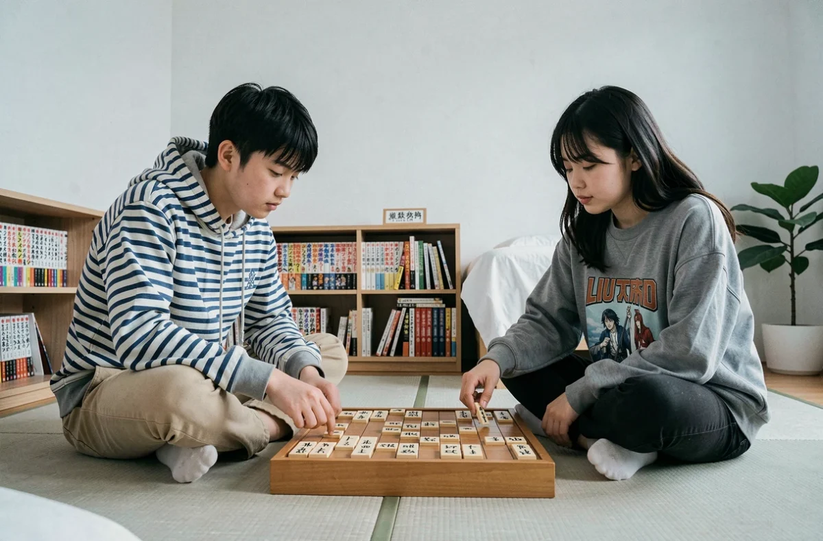 Deux adolescents jouant au Shogi sur le sol d'une chambre moderne japonaise
