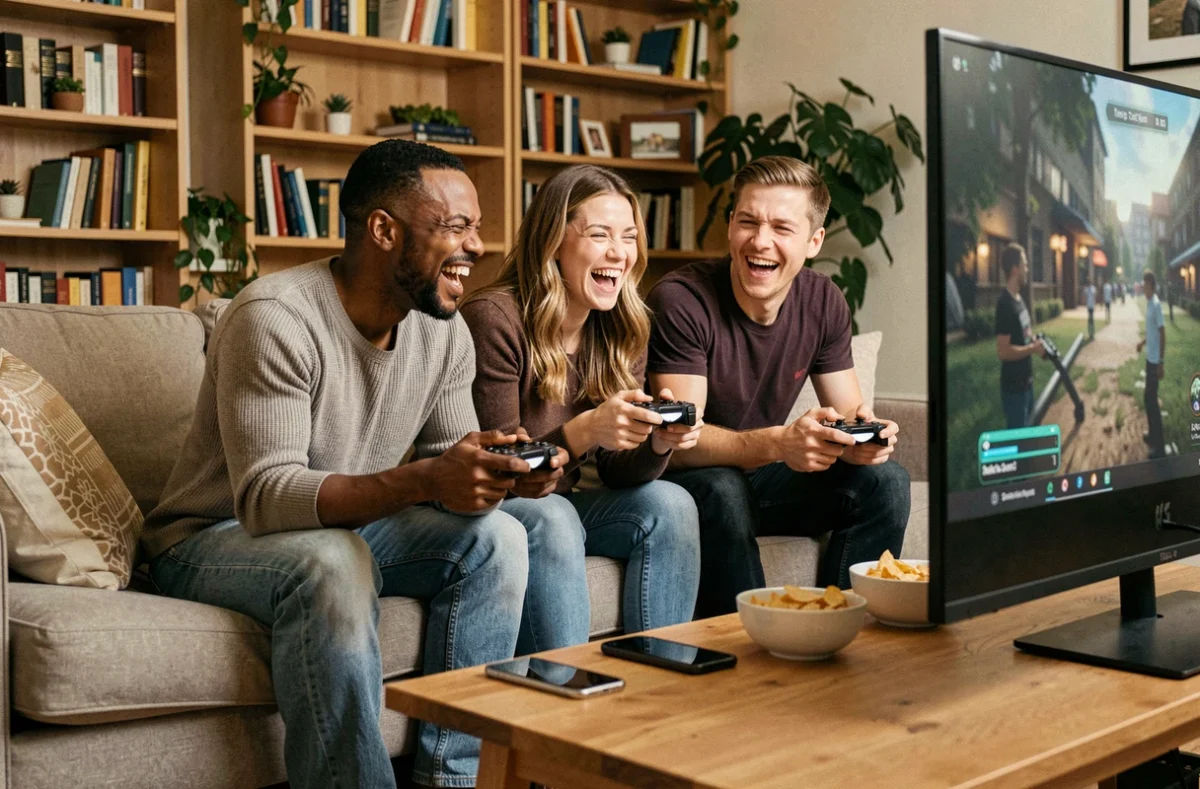 Groupe d'amis adultes jouant ensemble à un jeu vidéo multijoueur dans un salon avec manettes et grand écran TV