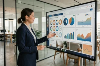 Femme professionnelle présentant des tableaux de bord d'analyse commerciale alimentés par l'intelligence artificielle dans une salle de réunion moderne