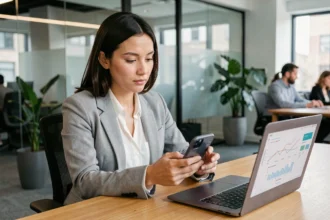 Une femme analyse les performances d'une application mobile sur son smartphone dans un bureau moderne, illustrant la valorisation d'une app mobile