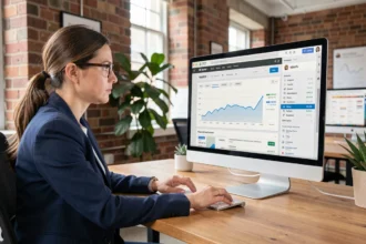Femme professionnelle analysant des données de référencement SEO sur un écran d'ordinateur dans un bureau moderne