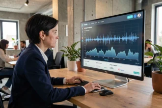 Professionnelle analysant des statistiques de vidéos hébergées sur une plateforme vidéo d'entreprise comme Wistia, sur un grand écran dans un bureau moderne