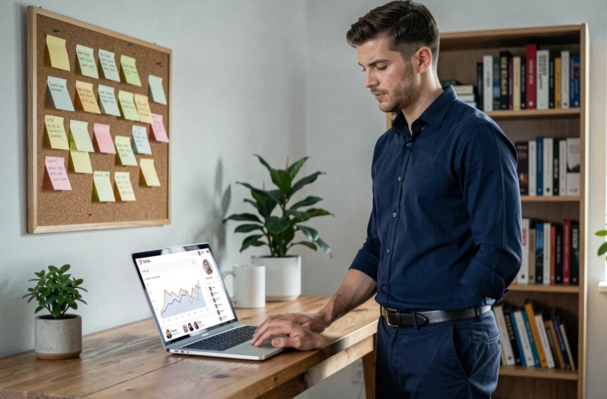 Homme analysant les statistiques TikTok sur un ordinateur portable dans un bureau à domicile pour optimiser ses heures de publication