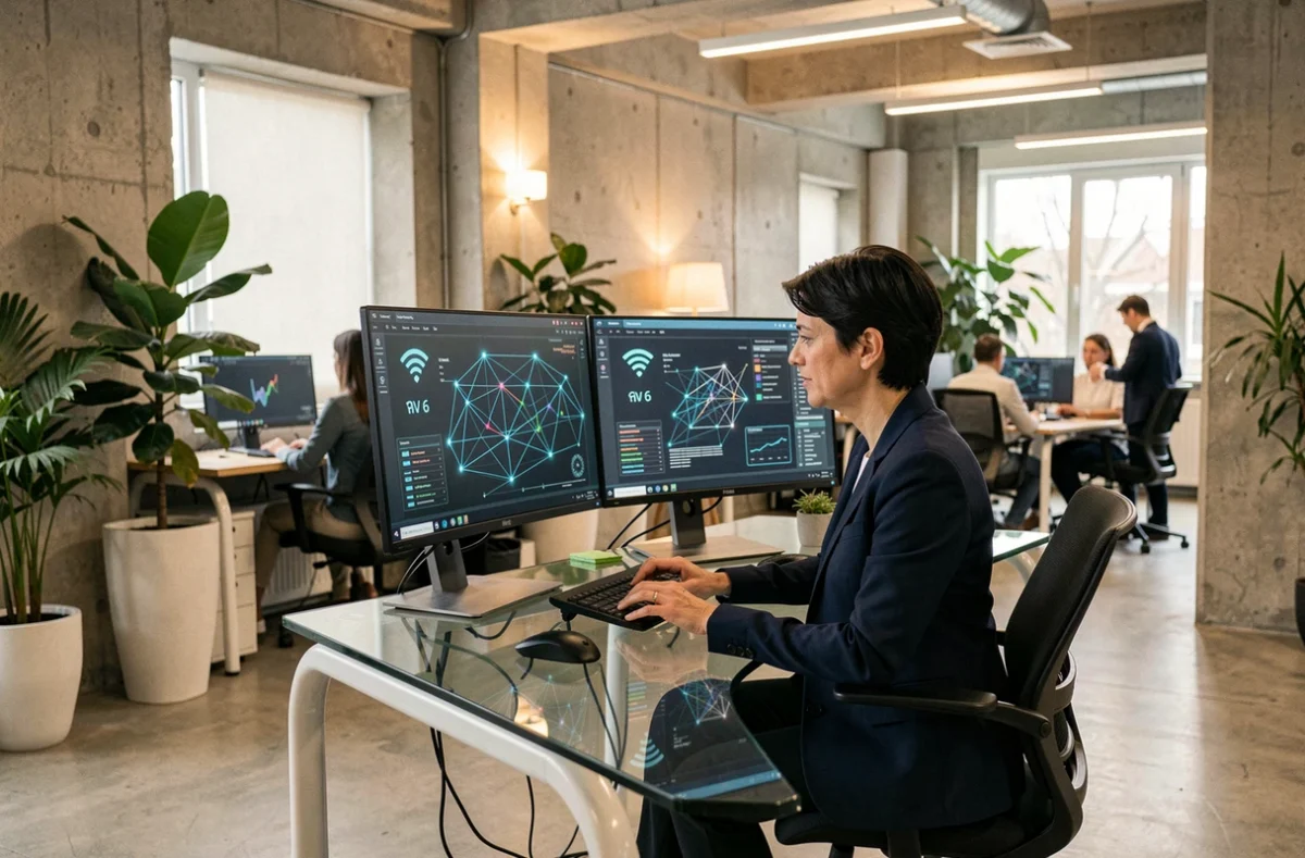 Femme analyste comparant les technologies WiFi 6 et fibre quantique sur deux écrans en bureau moderne
