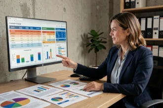 Analyste de données femme examinant des tableaux de bord de visualisation avec différents types de données sur un écran d'ordinateur