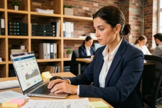 Femme analyste en blazer marine examinant un tableau de bord e-commerce sur ordinateur portable dans un bureau moderne
