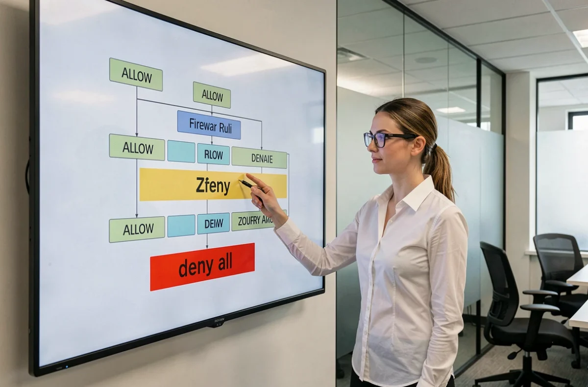 Analyste cybersécurité expliquant la hiérarchie des règles de pare-feu devant un tableau interactif en salle de formation