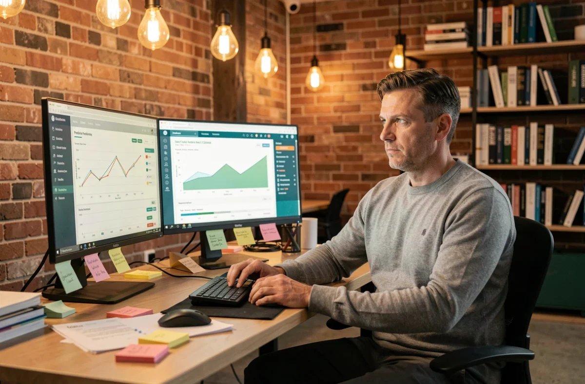 Analyste commercial masculin examinant des prévisions de ventes générées par intelligence artificielle sur deux écrans dans un bureau de startup moderne