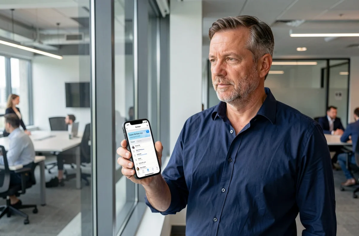 Homme consultant ses emails sur smartphone dans un bureau en open space moderne