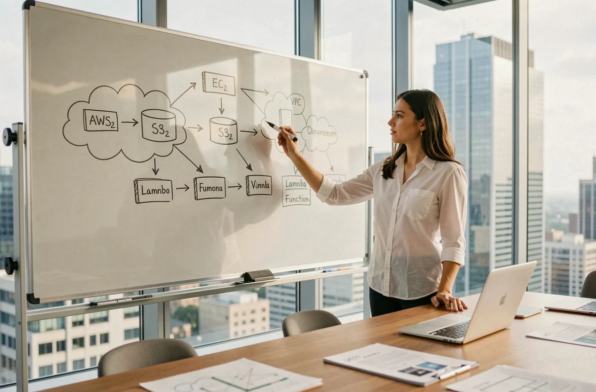 Architecte cloud féminine expliquant une infrastructure AWS sur un tableau blanc dans une salle de réunion