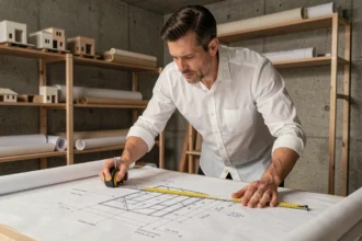 Architecte mesurant des dimensions en 3D sur un plan technique avec un mètre ruban et une règle métallique dans un studio moderne