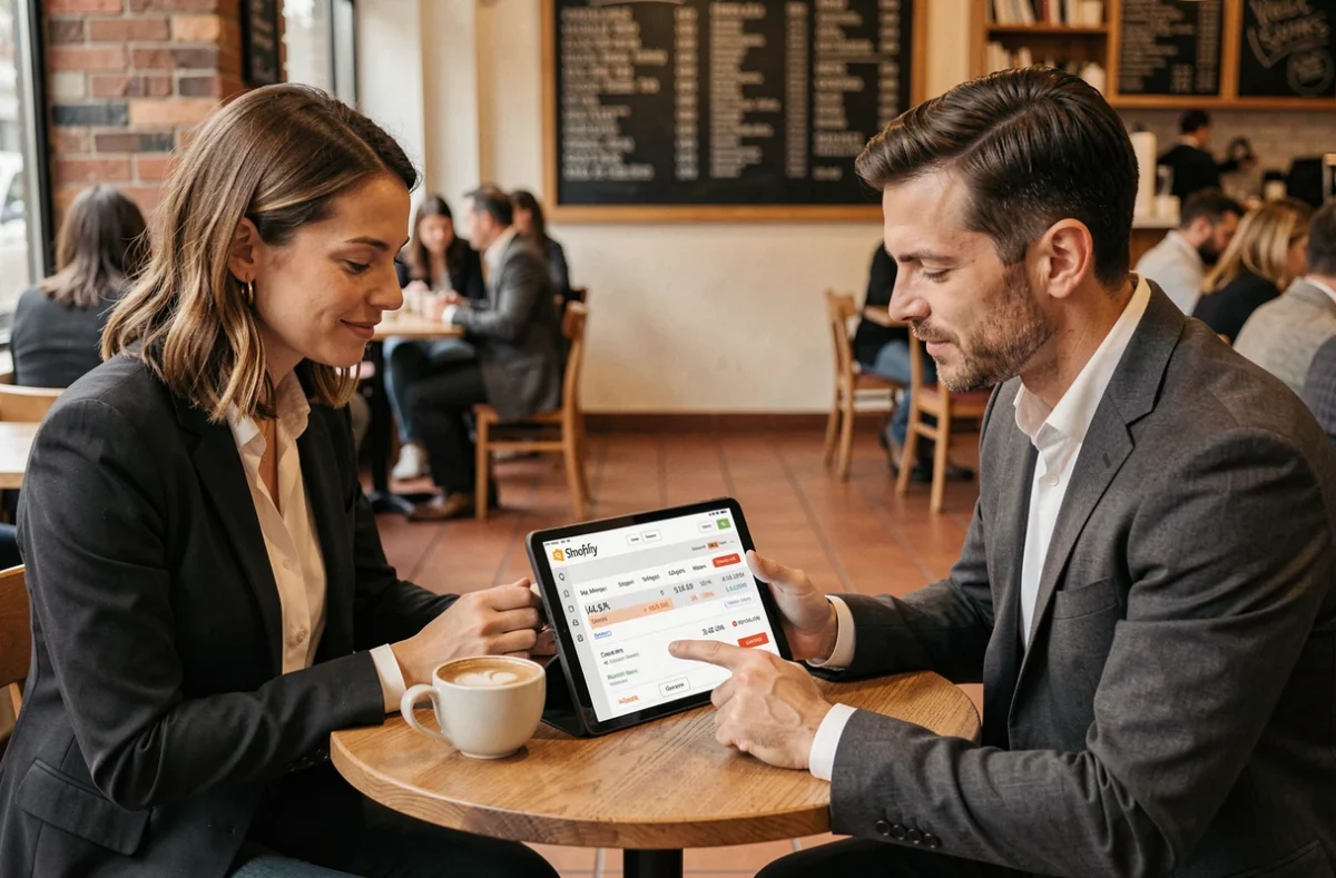 Deux associés discutant du coût mensuel d'un site Shopify autour d'une tablette dans un café urbain