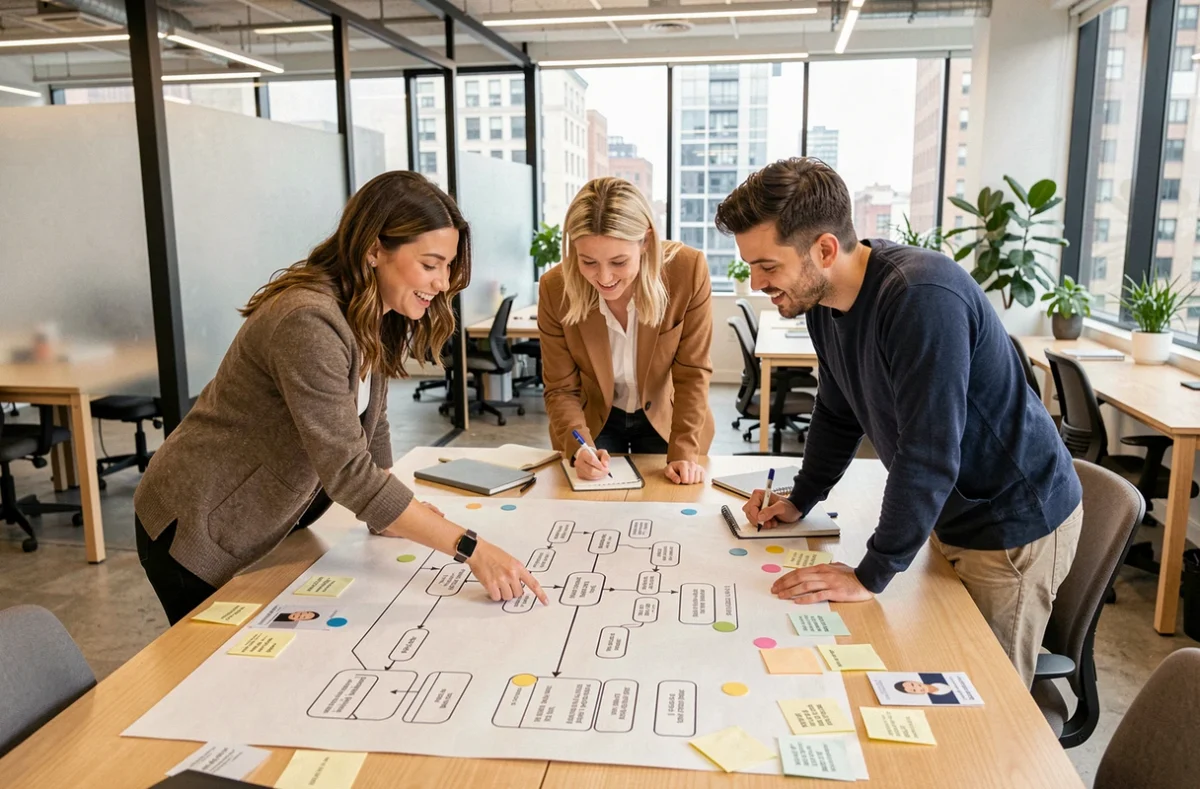 Équipe UX collaborant autour d'une carte de parcours utilisateur imprimée lors d'un atelier de co-design