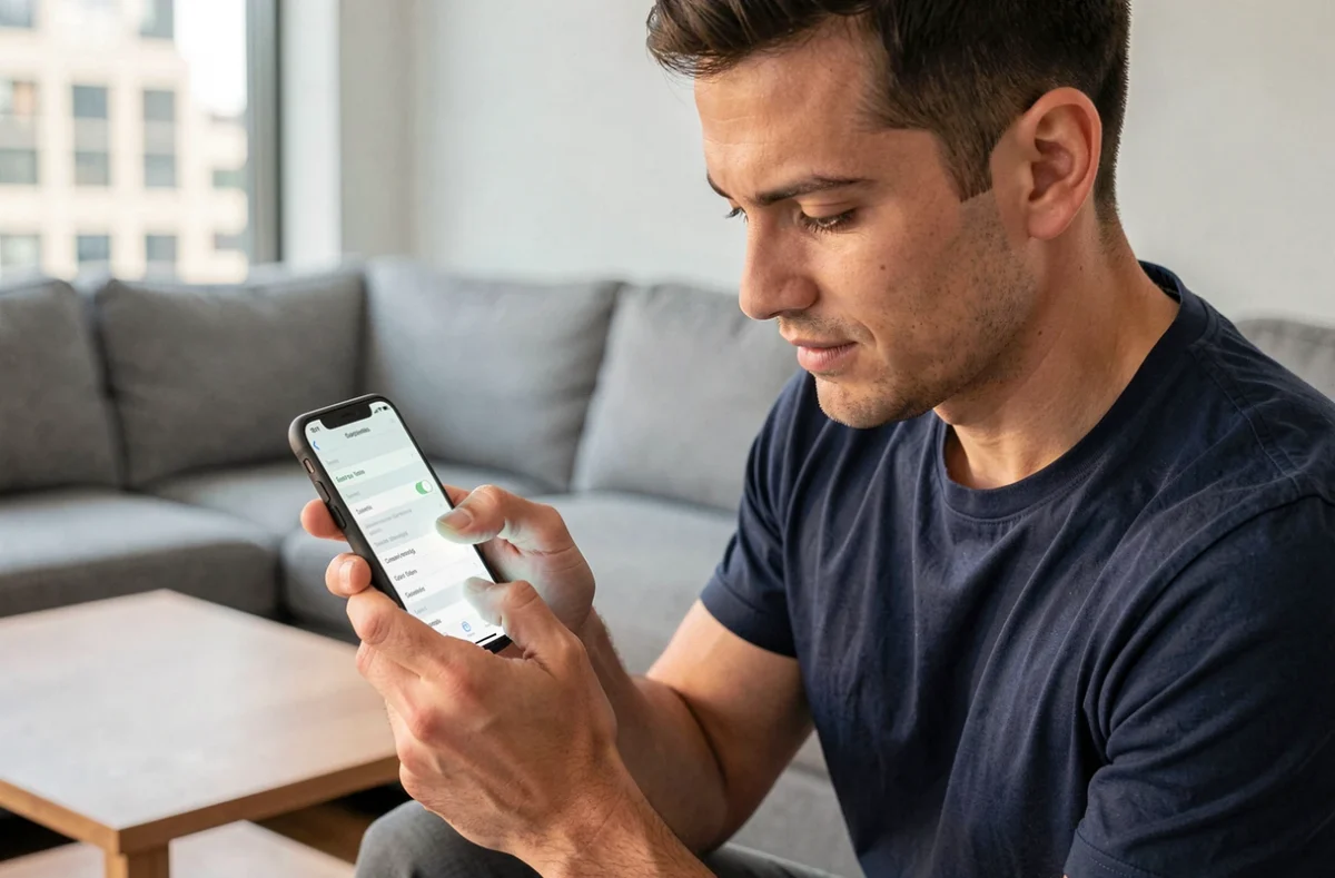 Homme augmentant la luminosité de son smartphone dans un salon moderne