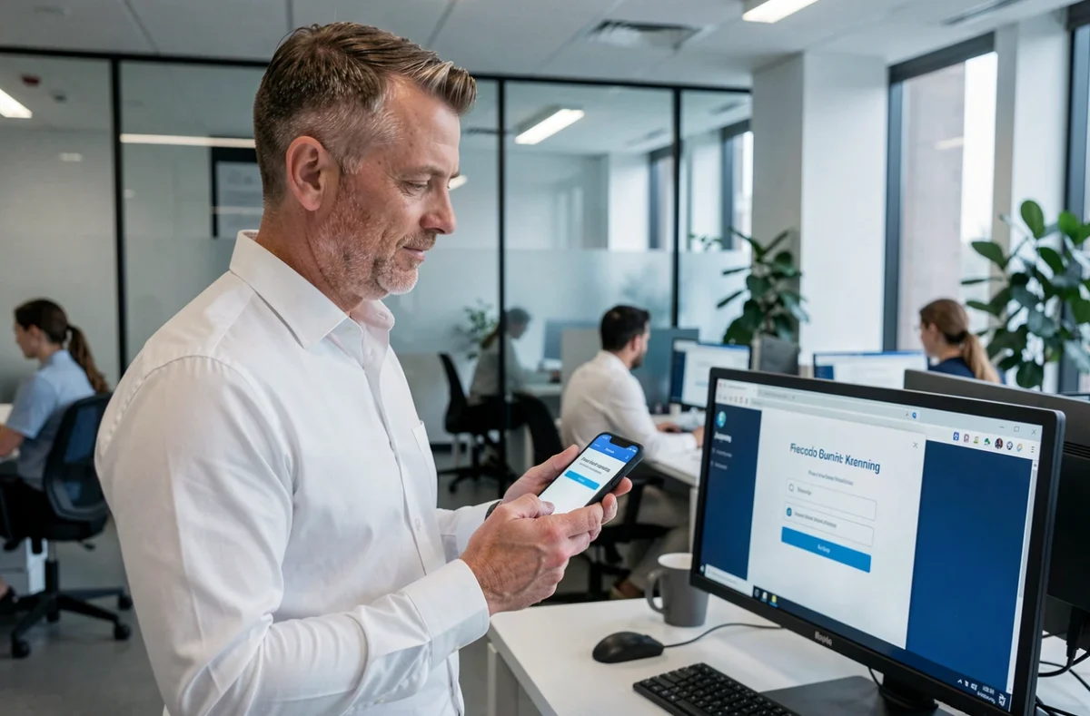 Homme en bureau vérifiant une authentification à deux facteurs sur smartphone pour sécuriser ses mots de passe