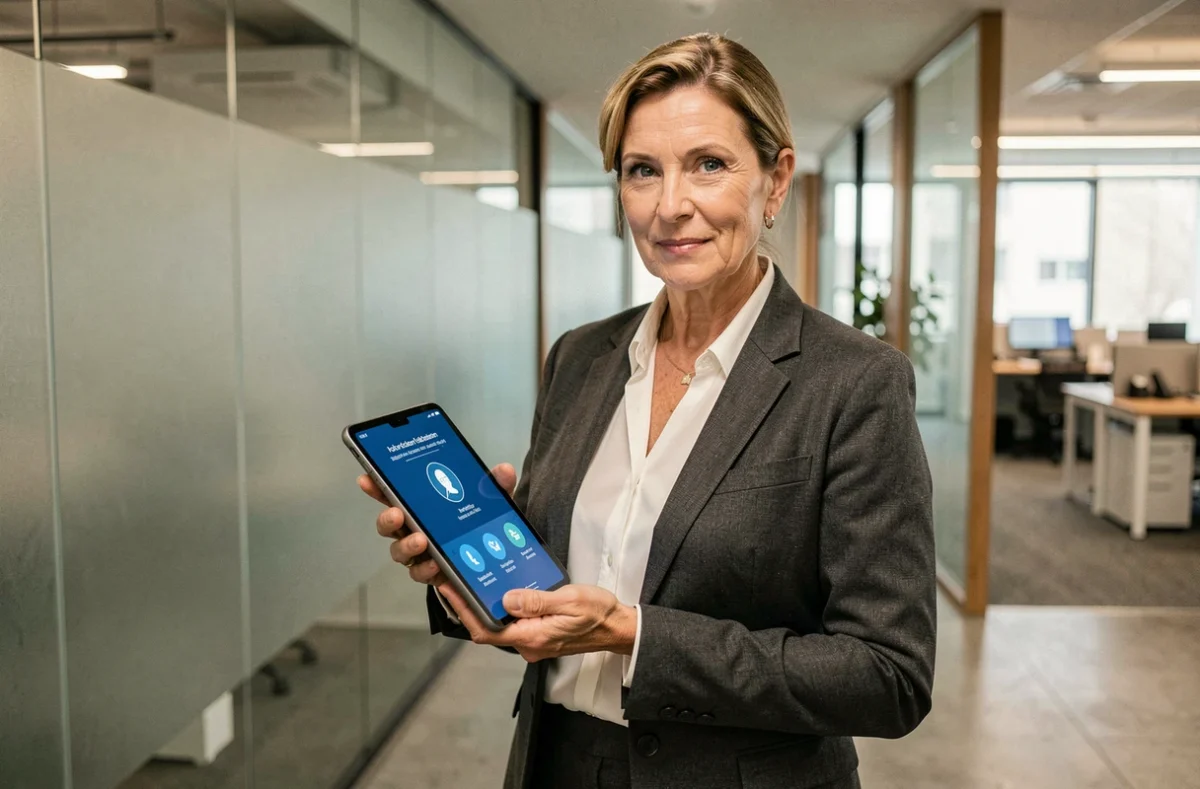 Dirigeante tenant une tablette affichant une authentification multi-facteurs dans un couloir d'entreprise moderne