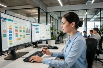 Femme configuring une interface d'automatisation de processus sur un écran tactile dans un bureau moderne