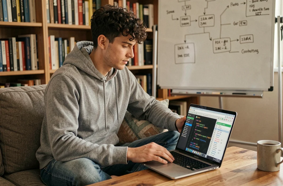 Développeur travaillant sur des scripts d'automatisation de tâches depuis son bureau à domicile