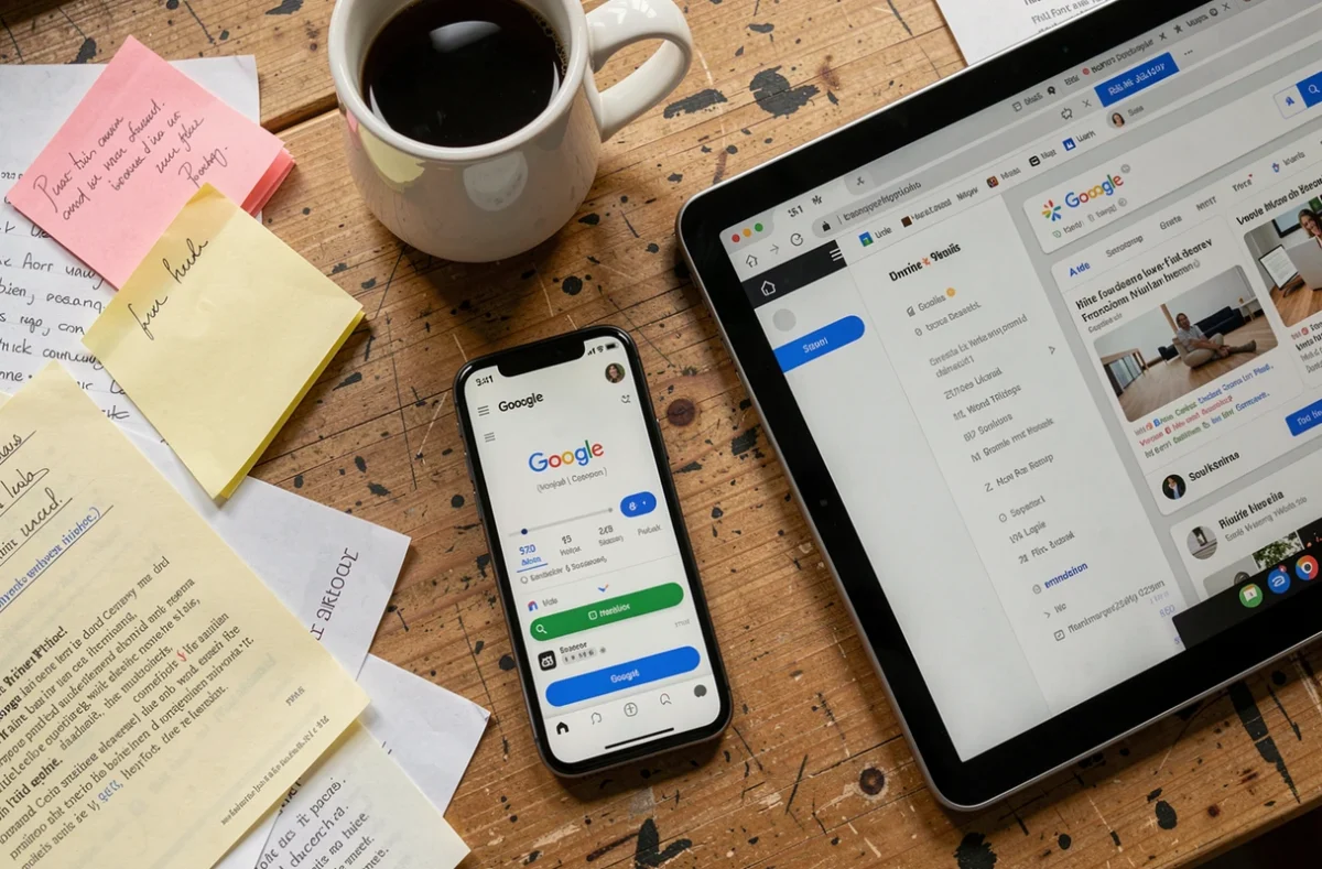 Vue aérienne d'un bureau avec smartphone affichant Google, tablette et notes, symbolisant l'omniprésence des données collectées