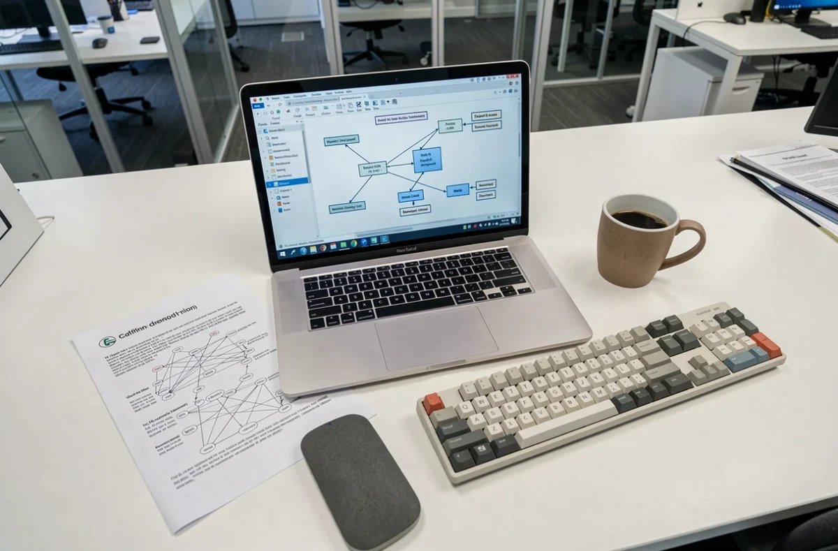 Vue aérienne d'un bureau technique avec un schéma d'architecture réseau SDN ouvert sur un ordinateur portable