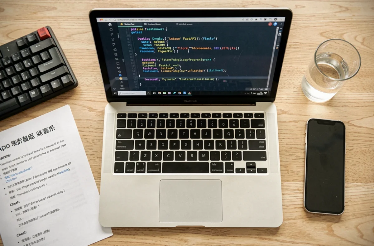 Vue de dessus d'un bureau de développeur avec du code Python affiché sur un écran comparant les frameworks Django, FastAPI et Flask