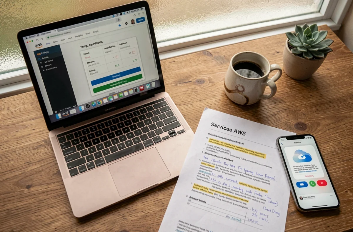 Bureau avec ordinateur portable affichant AWS, documents techniques et notes manuscrites sur les services cloud