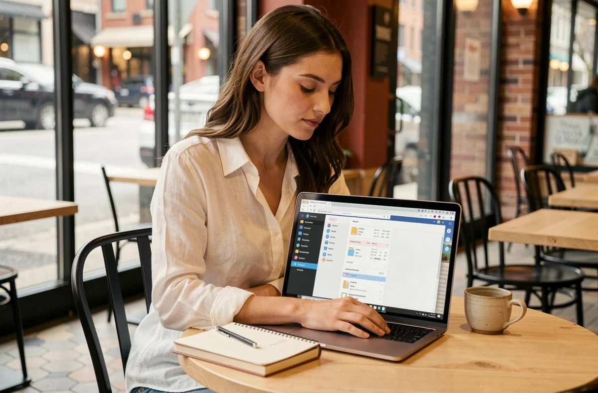 Jeune professionnelle accédant à son bureau virtuel cloud depuis un café en milieu urbain