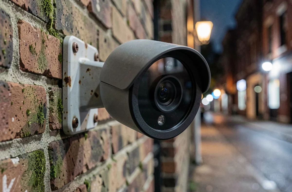 Gros plan d'une caméra de sécurité extérieure avec anneau LED infrarouge pour vision nocturne sur mur en briques