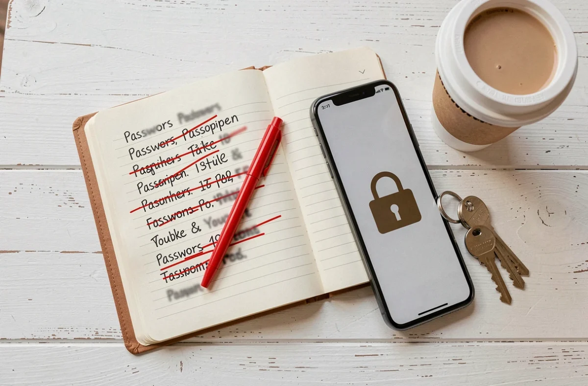 Vue de dessus d'un carnet de mots de passe barrés, un smartphone avec cadenas et des clés sur une table de café