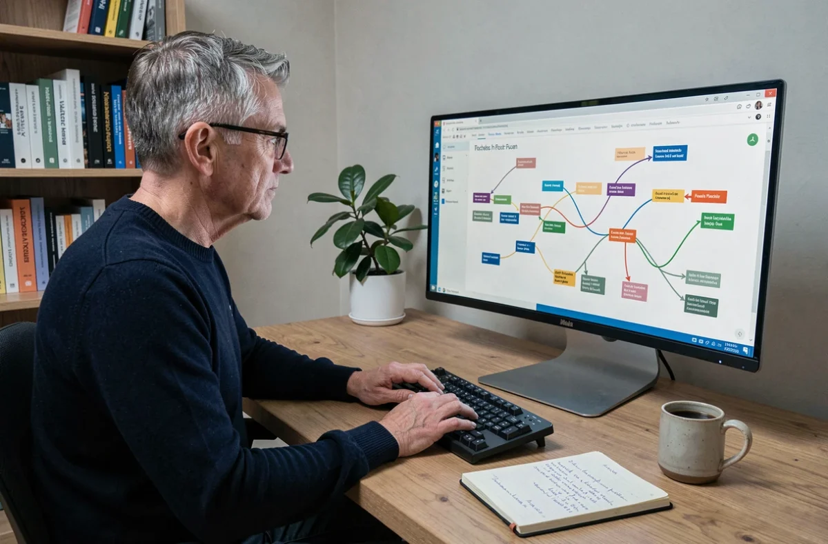 Designer UX masculin travaillant sur une carte d'expérience numérique détaillée sur un grand écran de bureau