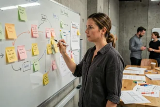 UX designer féminine analysant une carte d'expérience utilisateur sur un tableau blanc dans un studio de design moderne