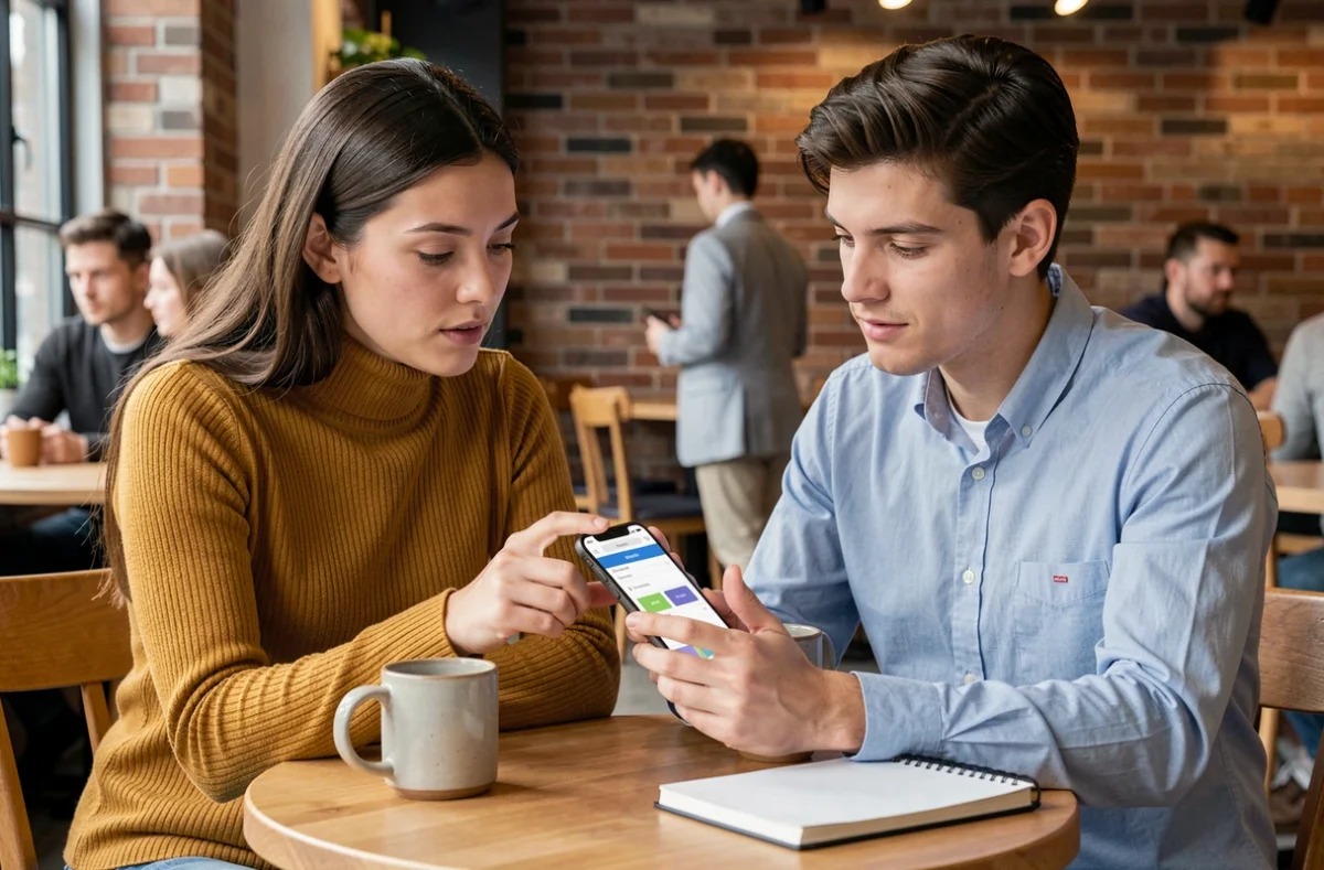 Deux jeunes professionnels collaborant sur une application de présentation dans un café urbain