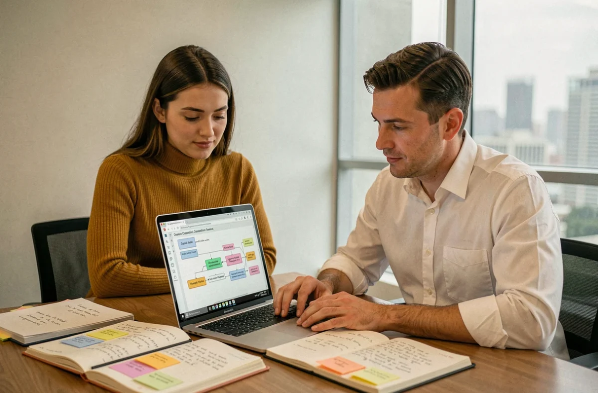 Deux professionnels collaborant sur la classification des types de données lors d'une réunion avec un ordinateur portable