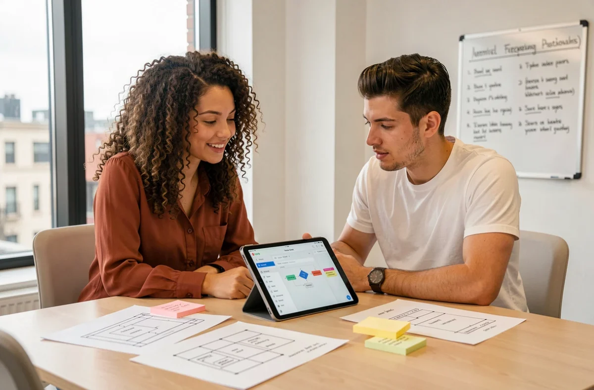 Deux professionnels collaborant sur la conception d'un site web avec une tablette et des maquettes imprimées dans une salle de réunion de startup moderne