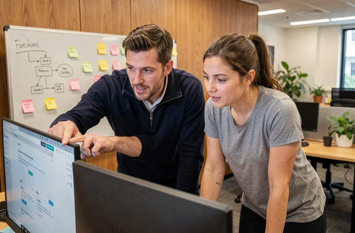 Deux développeurs web collaborant devant un écran affichant une maquette d'interface dans un bureau de startup créative