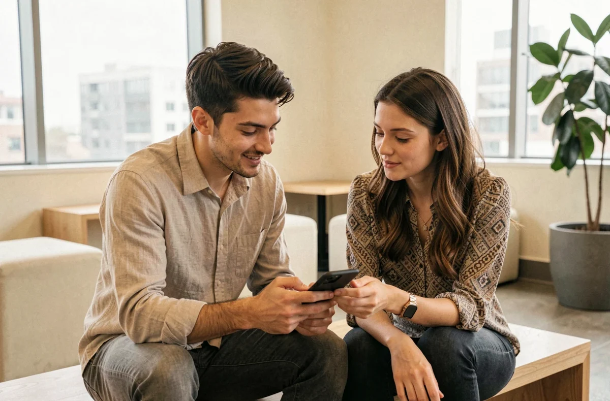 Deux jeunes professionnels collaborent sur le développement et la valorisation d'une application mobile dans un espace de coworking lumineux