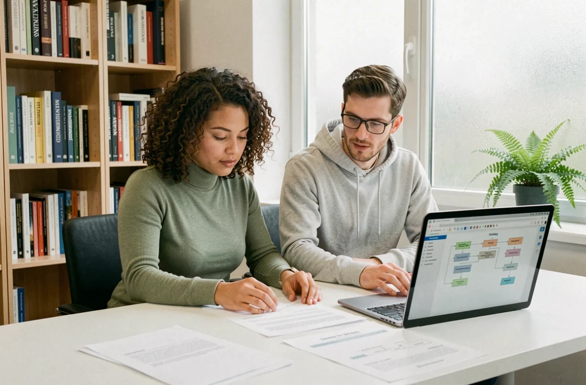 Deux collègues étudiant des documents d'architecture de systèmes de gestion de données dans un bureau à domicile épuré et moderne