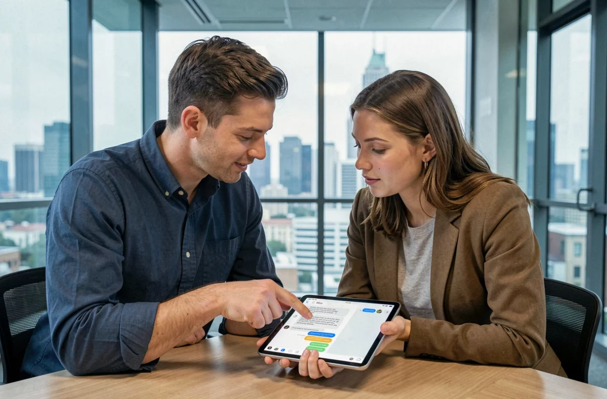 Deux collègues consultant l'application Wire sur une tablette dans une salle de réunion moderne