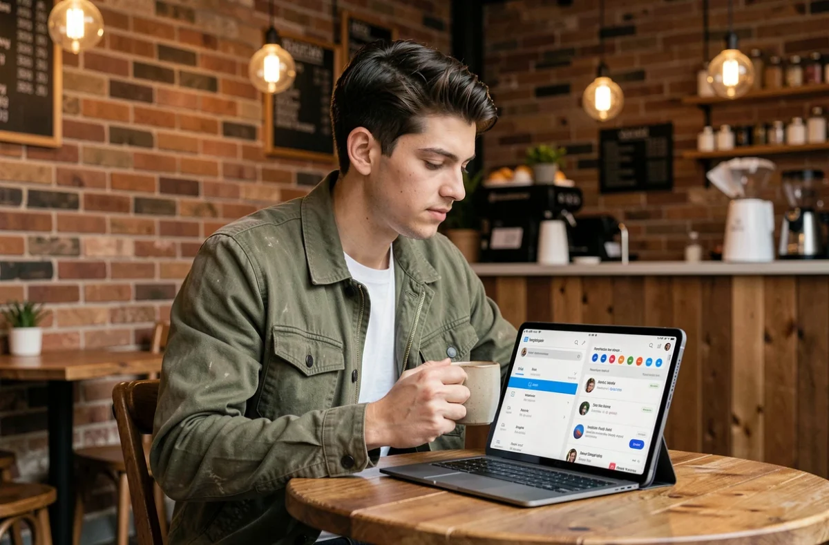 Jeune homme comparant des applications de messagerie sur tablette dans un café urbain