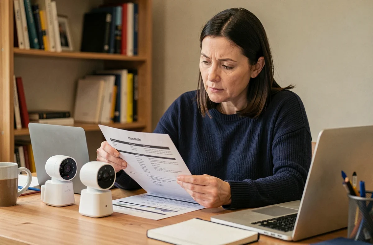 Femme comparant deux caméras de surveillance pour évaluer leurs capacités de vision nocturne à son bureau