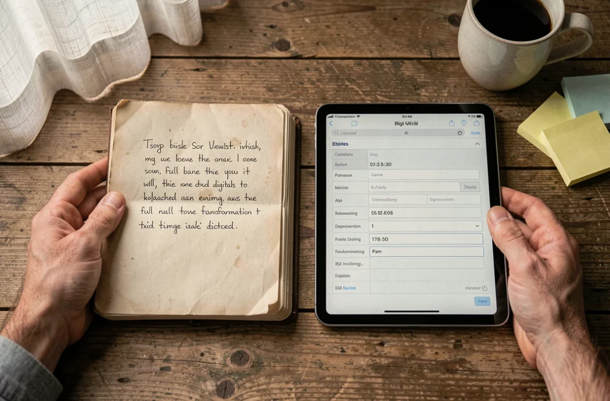 Mains tenant un carnet papier et une tablette numérique côte à côte sur un bureau en bois, symbolisant la différence entre numérisation et digitalisation des processus