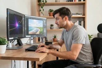 Homme comparant deux écrans aux résolutions différentes, 1080p versus 2K, dans un bureau moderne