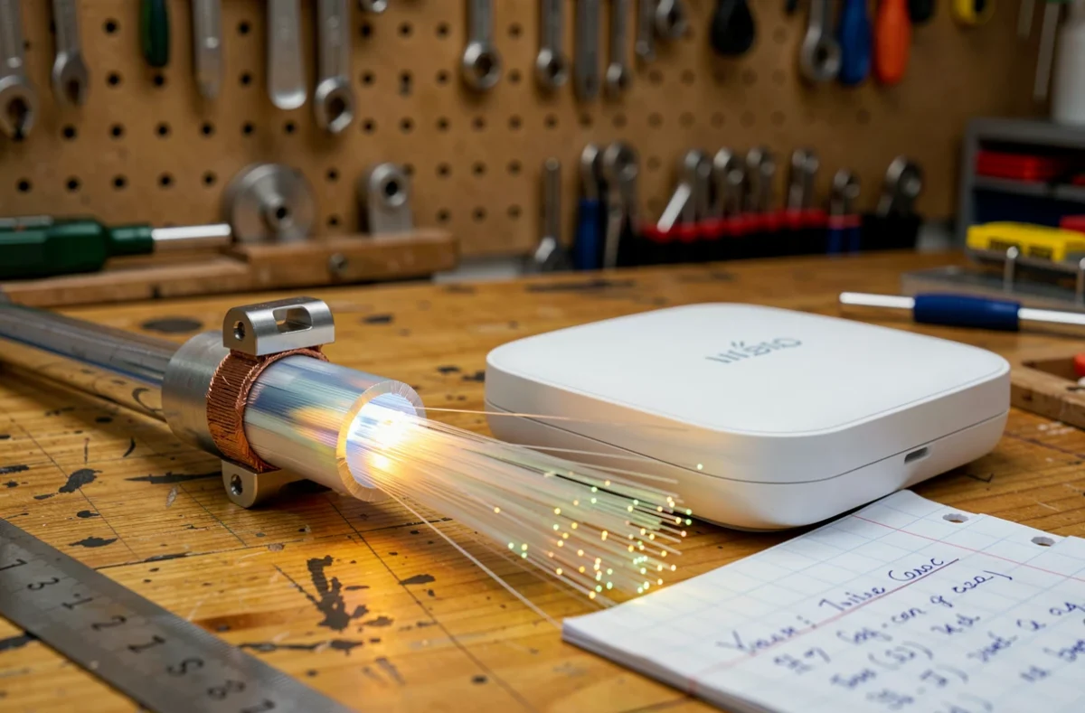 Comparaison technologique entre câble fibre optique, terminal satellite et routeur Wi-Fi 6E sur un établi